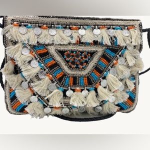 HippieChic women handbag /clutch, beaded with tassels and coins
